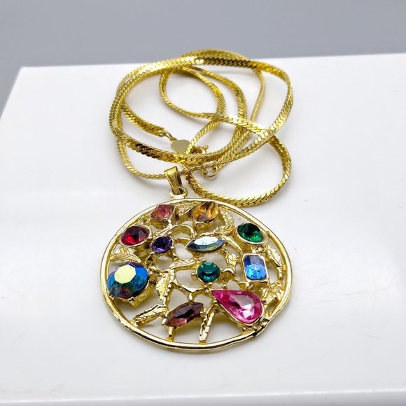 Glitz and Glam Medallion Pendant Necklace on Gold Tone Herringbone Chain - Picture 5 of 6